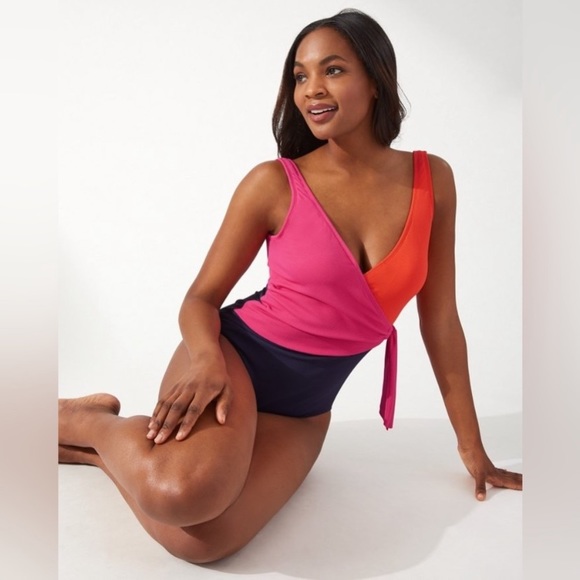 TOMMY BAHAMA UPF 50 Island Cays Colorblock Wrap-Front One-Piece Swimsuit 14 EUC - Picture 3 of 15